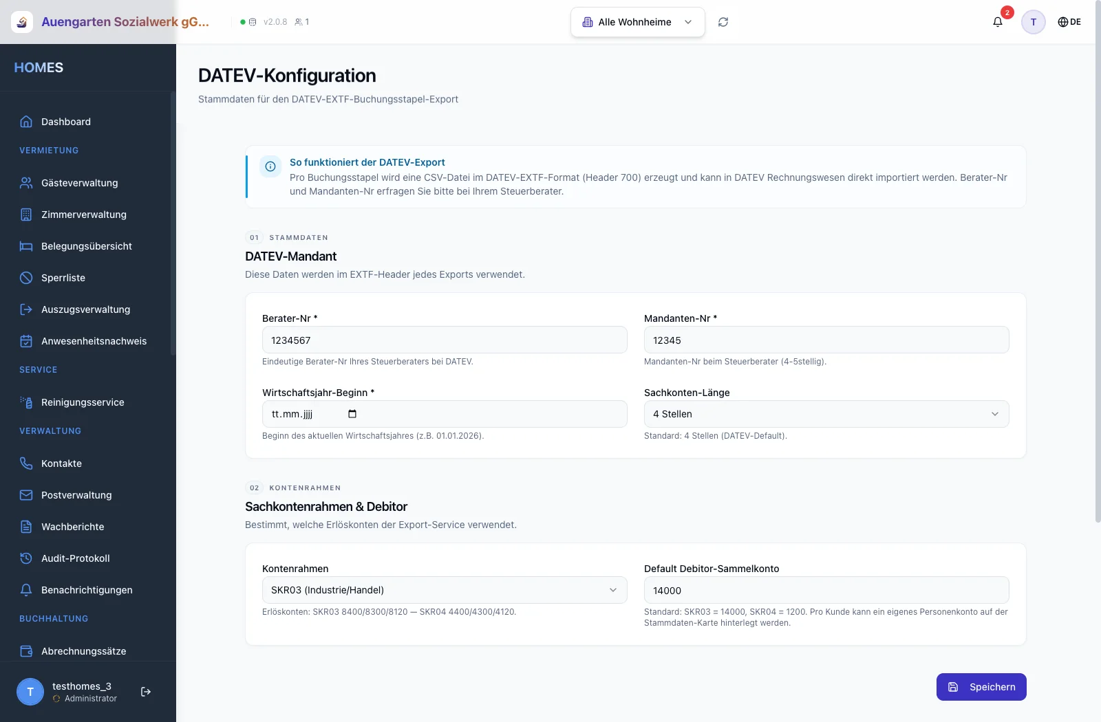 DATEV-Konfiguration mit Konten- und Kostenstellen-Mapping