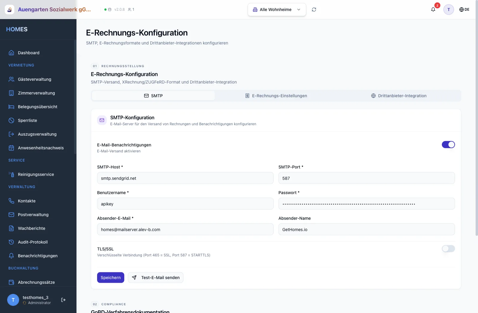 eRechnung- und GoBD-Konfigurations-Maske mit Compliance-Optionen