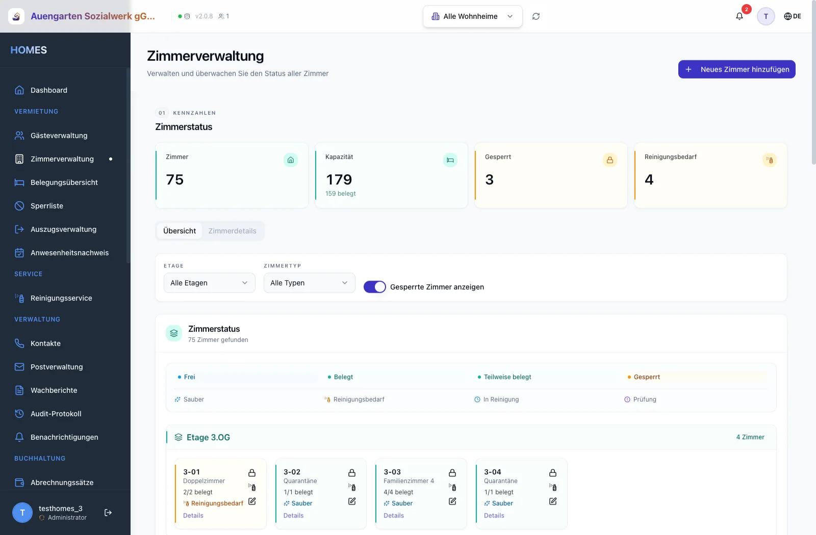 Zimmerliste mit Etagen-Filter, Status-Badges und Bett-Belegung