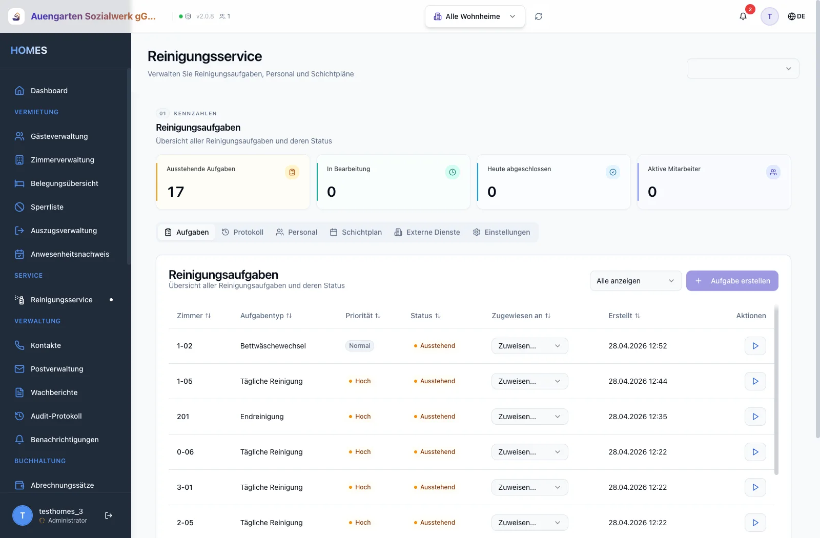 Housekeeping-Board mit Reinigungs-Tasks, Schicht- und Personalplanung