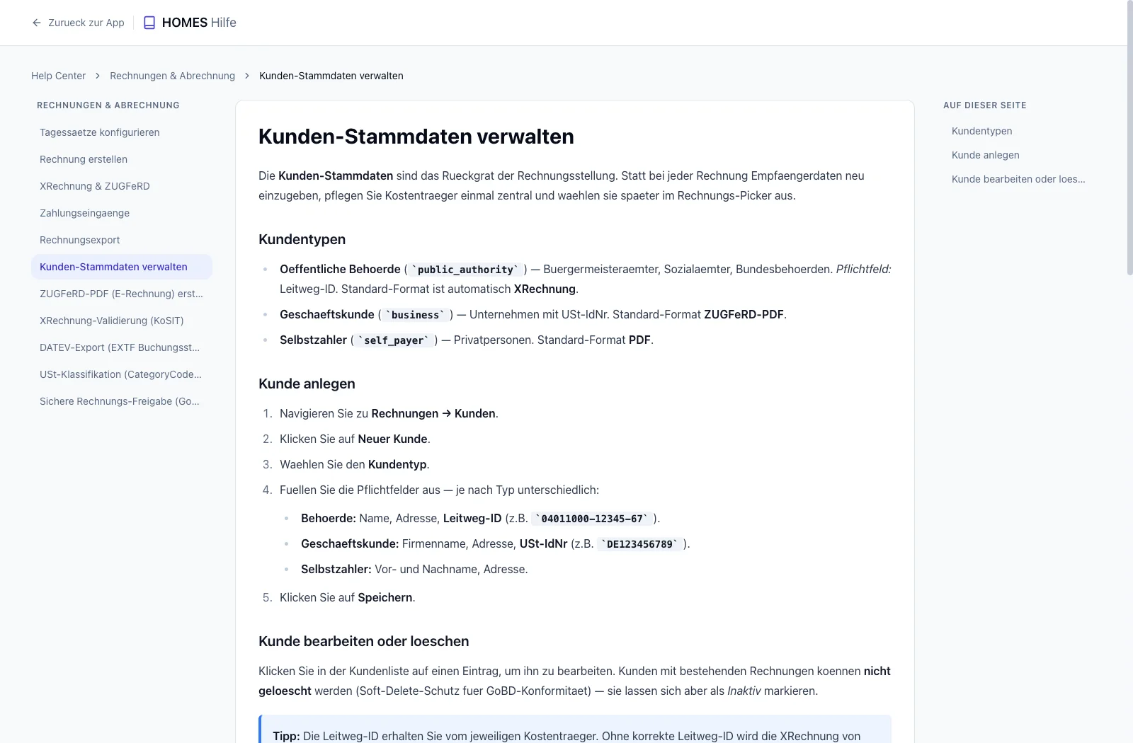 Help-Artikel-Detailseite mit annotierten Screenshots und Step-by-Step-Anleitung