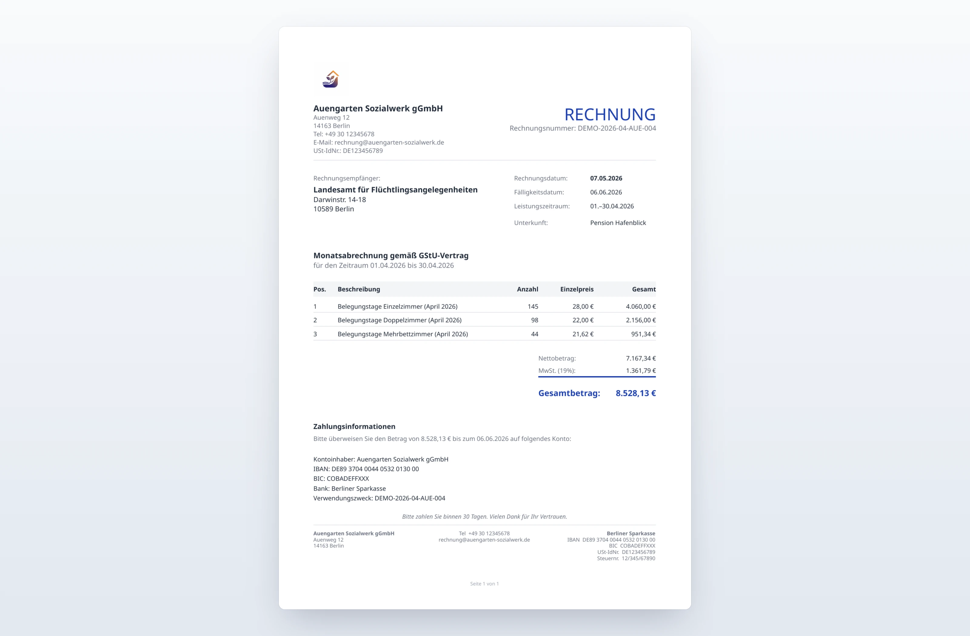 Beispiel-Rechnungs-PDF mit individuellem Logo und Layout