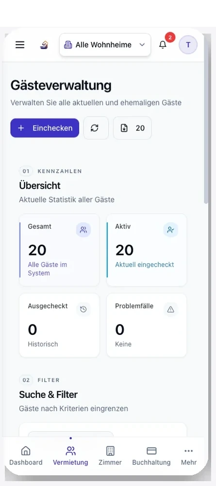 HOMES Gästeverwaltung im mobilen Layout mit Übersicht und Filter