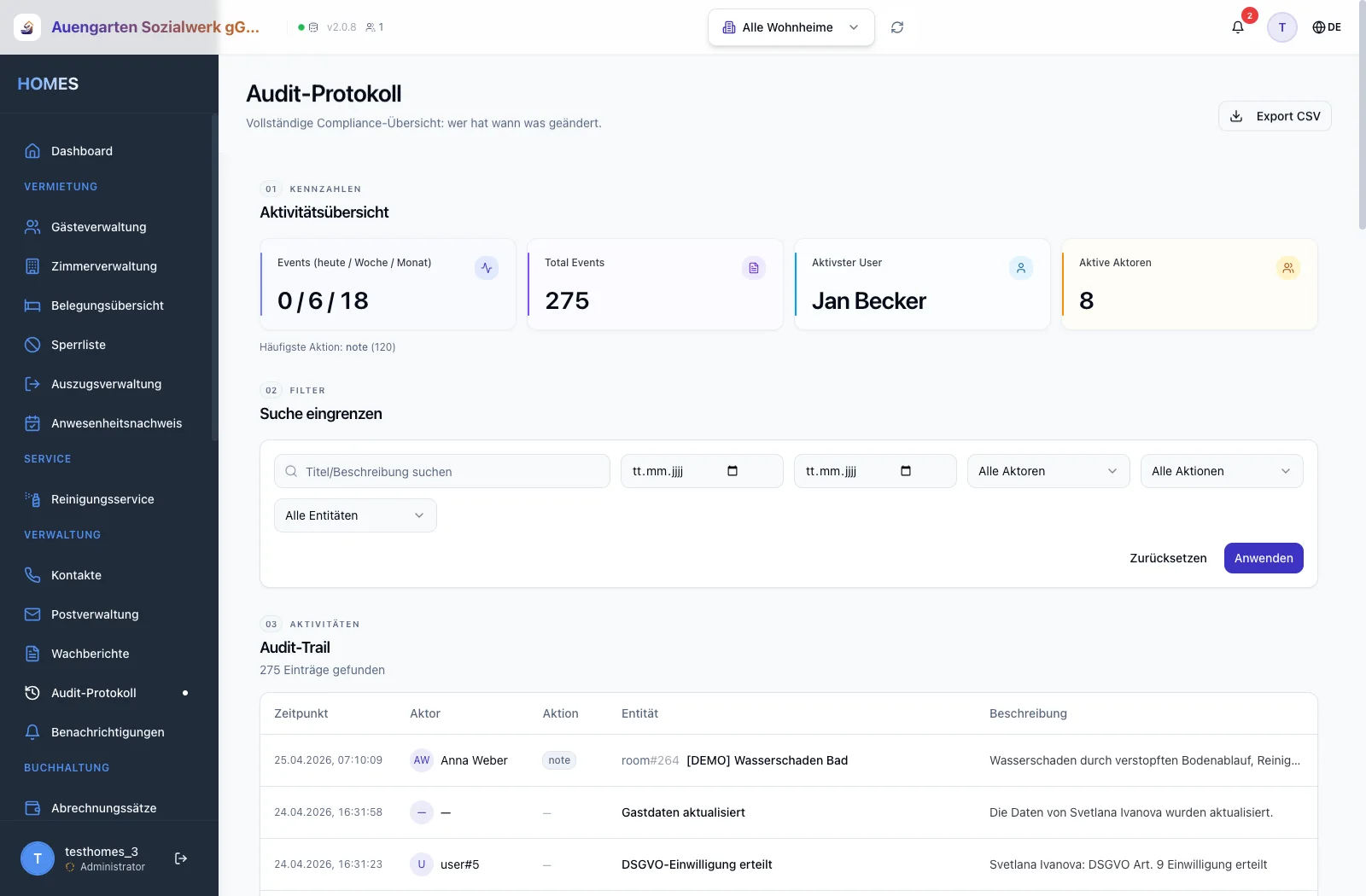 Audit-Protokoll mit Tabelle: Zeitpunkt, Aktor, Aktion, Entität und Beschreibung — GoBD-konform